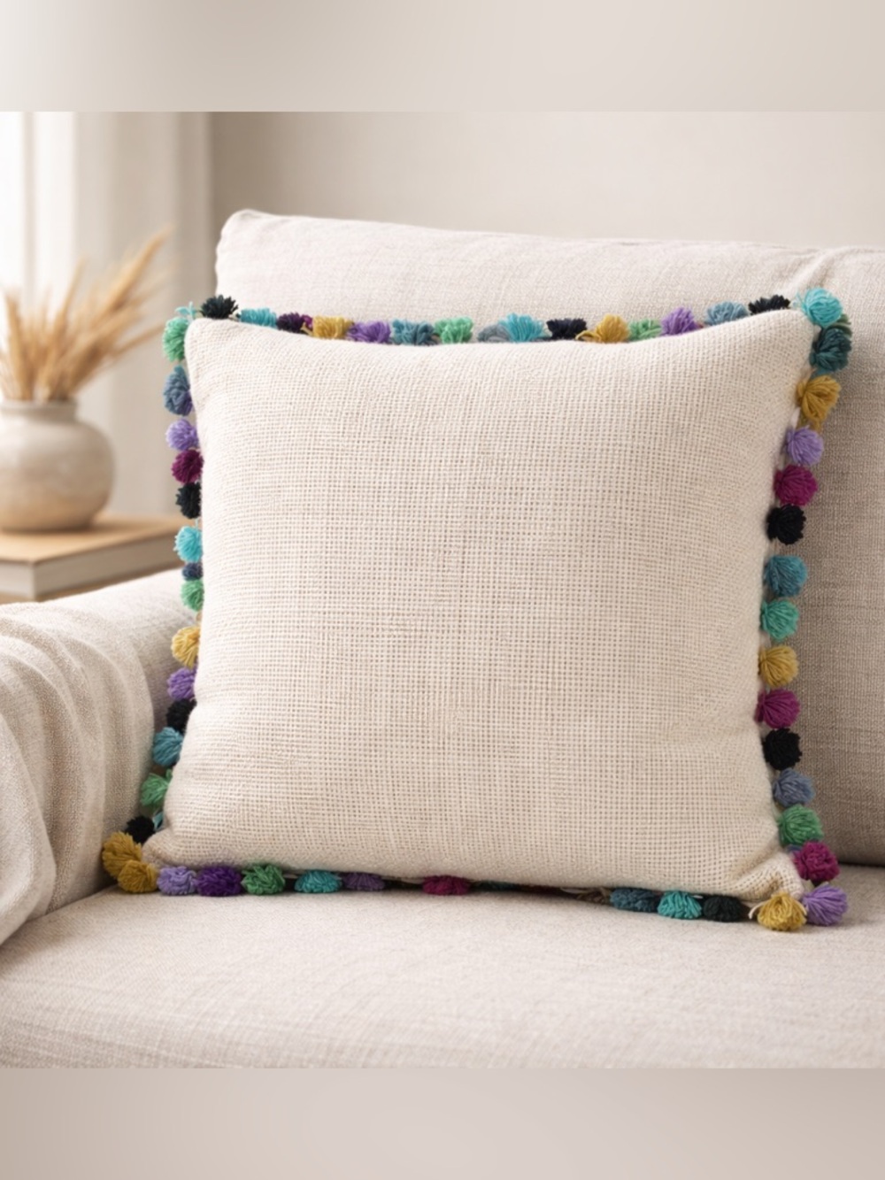 Good Condition “Global Caravan" decorative cushion! Pom poms on edges!  20x 20